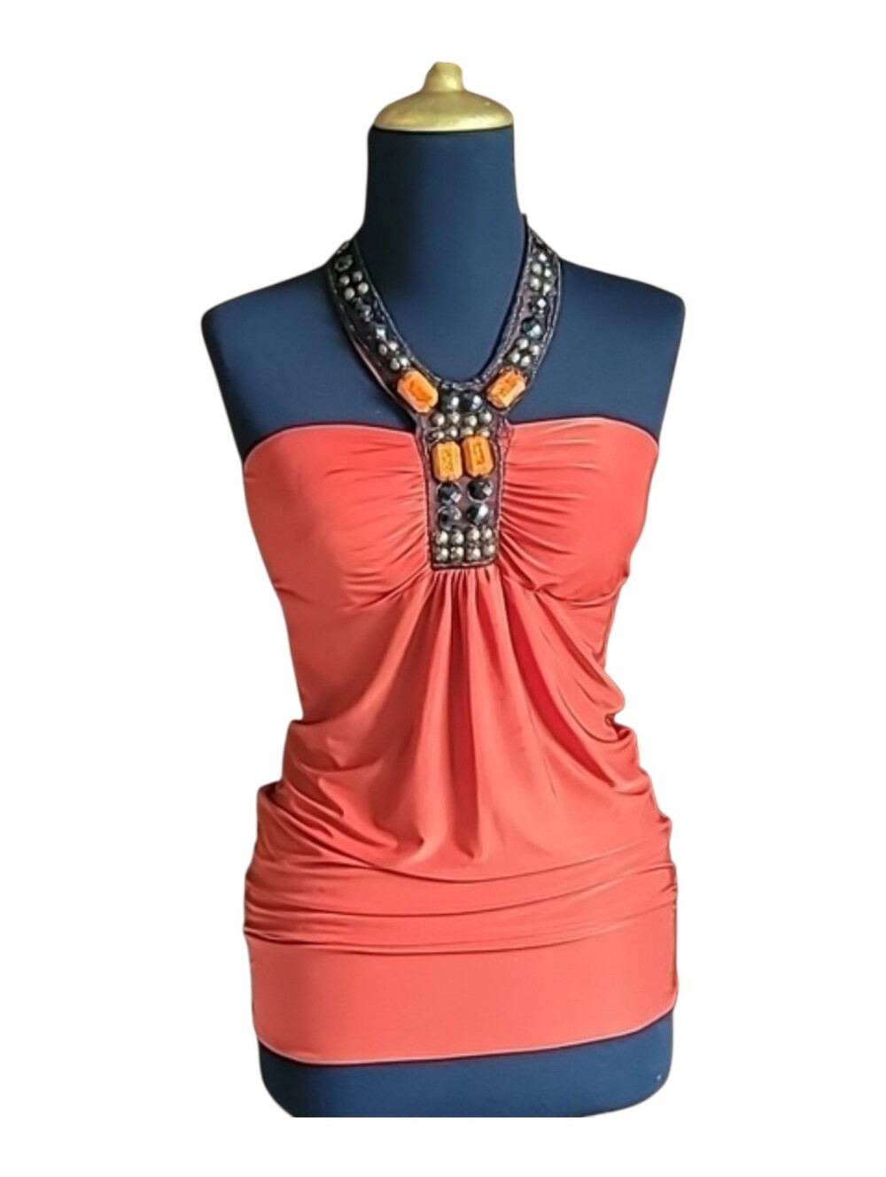 Halter top w ties orange banded hem embellished neckline vintage bohemian